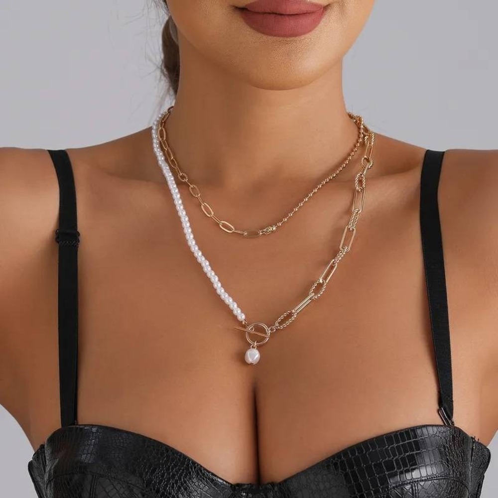 2/$20Boutique Layered Necklace Gold Tone Faux Pearl Paperclip Chain Toggle Bride